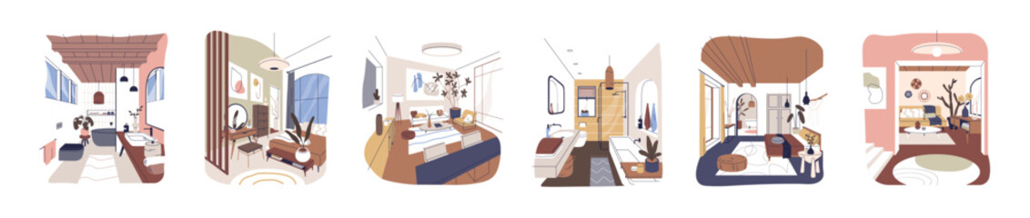 Poster - Home interior design. Living room, bedroom, bathroom with furniture, decor in mid-century modern style. Trendy house, apartment, perspective view. Flat vector illustration isolated on white background