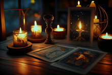 Tarot Cards On Fortune Teller Old Desk Background. Future Reading.