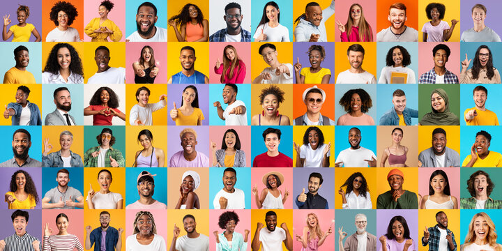 Wall Mural - Happy group of multicultural men and women posing over bright backgrounds