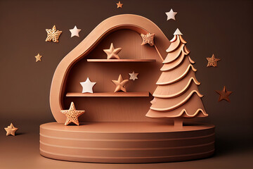 Poster - Generative AI illustration of christmas tree podium and star on brown background.
