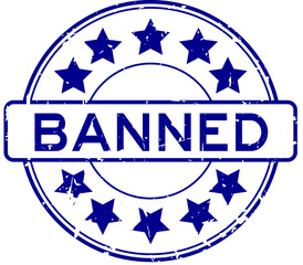 Wall Mural - Grunge blue banned word with star icon round rubber seal stamp on white background