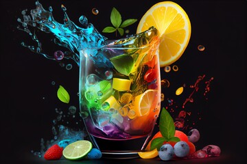 A Colorful Drink With Fruit On The Side And A Slice Of Lemon On The Side Of The Glass With A Splash Of Water On It. Generative AI