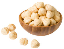 Hazelnuts In The Wooden Bowl, Isolated On The White Background.
