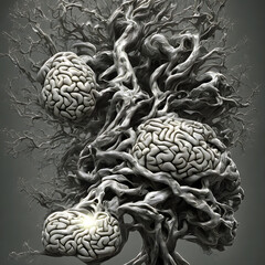 Alter Baum mit Gehirn. Emotion, Glaube, Intelligenz - Generative AI