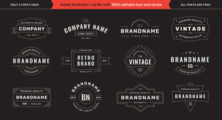 Retro logotype templates set on black background with editable text and stroke. Vintage logos, labels, emblems and badges collection. Vol. 1