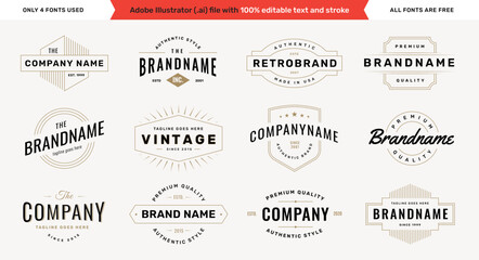 retro logotype templates set on white background with editable text and stroke. vintage logos, label