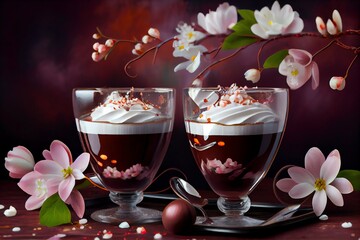 Artistic Beautiful Romance Two Hot Chocolate With Whipped Cream Beverage Serve In Glass Cup With Cherry Blossom Branch, Idea For Background Or Wallpaper. Generative AI