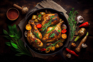 Tasty barbecue chicken drumsticks with fried potatoes vegetables on wooden table