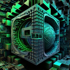 futuristic, 3d, mosaic town city circle green box in space modern sphere station multi dimensional research cubes shapes world fantasy cityscape technology communication Generative AI 