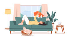 Pet Owner. The Girl Is Lying On The Couch With Her Pets. A Cat And A Dog Are Resting On The Sofa With Their Owner. Flat Vector Illustration.