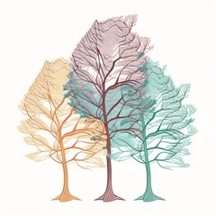 tree set one line color trunk canopy root different fluorestic watercolor canvas paint forest few dry lush white background brown red lights up icon vector nature plant Generative AI 