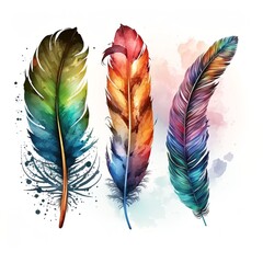 Watercolor colorful feather set isolated flaky soft smooth paint collection bird flying white background peacock desig silky easy fluffy silhouette shade Generative AI 