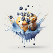 blueberry muffin on blue cream flew splashes dessert