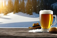 Mug Filled With A Cold Golden Beer, Topped Off With White Foam And Tyrol Traditional Country Hat. Generative AI