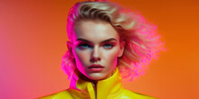 Portrait of a trendy young woman with bright clothing and bright neon lighting. Generative ai