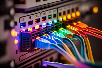 Network panel, switch and cable in data center, Generative AI