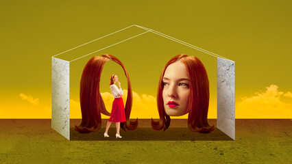 Wall Mural - Creative surreal design. Contemporary art collage. Young redhead woman choosing today's personality. Illusion home. Inner world and feelings. Concept of surrealism, psychology, creative vision