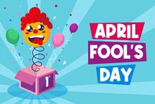 April Fools Day With Box Surprise, Clown And Balloon. Laugh Icon Vector Illustration, Poster Or Banner Background And Copy Space.
