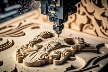 Sticker - Wood art carving in carpentry using automated drilling tool. AI generative