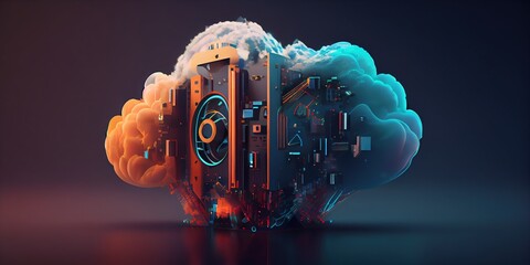 Wall Mural - Cloud computing technology concept. Cyber security. Smart city and digital cloud data center.Futuristic big data processing cloud. Generative AI