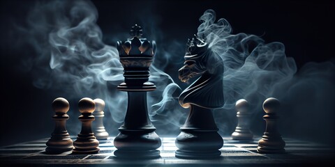 chess figures on a dark background with smoke and fog. epic chess game illustration. chess game conc