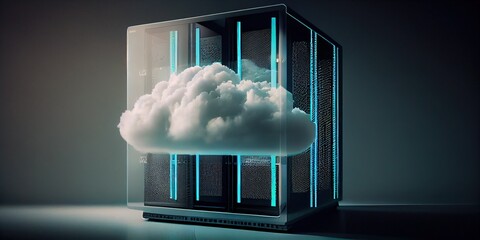 Wall Mural - Cloud service system concept and big data storage. White fluffy cloud hovering over cloud server rack. Big data center technology. SAAS, Cloud Computing, Web Service. Generative AI