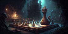 Сhessboard In A Medieval Castle. Epic Chess Game Illustration. Chess Game Concept. Chess Pieces On A Chessboard. Generative AI