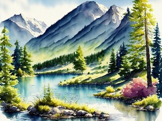 Summer landscape with mountain and lake views, digital watercolor painting, Generative AI