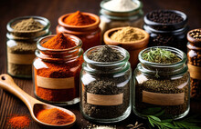 An Illustrated Depiction Of A Set Of Various Colorful Spices In Glass Jars And Ceramic Bowls. The Intricate Details Of Each Spice Bring Them To Life. Generative AI