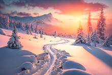 Winter Scenic Landscape In Mountains With Trail In Snow And Sunset. AI Generative