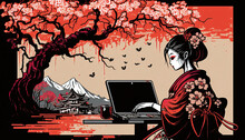 Classical Japanese Illustration Of A Geisha Using A Laptop. Generative AI
