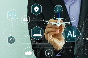 Poster - Artificial Intelligence Industry. Integration Computing Concept. Man presses brain AI gears button on virtual screen. Smart industrial technology.