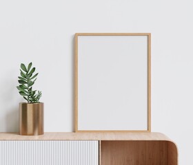 Living room on the white wall,clay vase for decoration on the sideboard minimal style ,frame form mock up