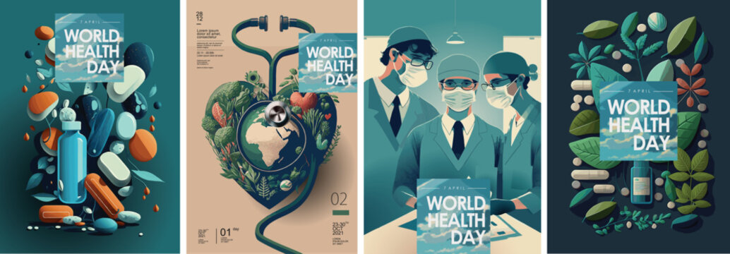 world health day. vector illustration of medicine, doctors, pills, creative idea with earth, heart a