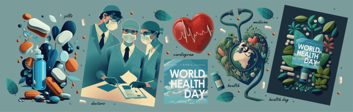 world health day. vector illustration of medicine, doctors, pills, creative idea with earth, heart, 