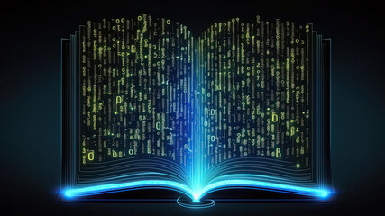 electronic e book reading for study new skills, development of imagination, opened blue neon glowing
