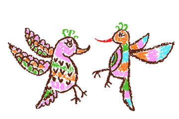 Tropical crazy fantastic doodle friendly birds. Crayon like kid`s hand drawn colorful bright funny jungle flying monsters. Vector pastel chalk or pencil childlike cartoon art