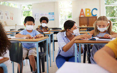 Poster - Covid learning with teacher and school students having lesson, study and education in class during pandemic. Educator helping, showing and talking to young kindergarten, preschool and elementary kids