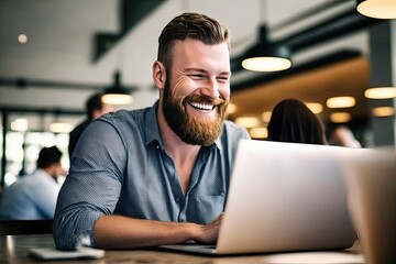 Cheerful and contented young Caucasian man sitting at desk and using laptop with a smile appears to be engaged and focused on his work. Generative AI