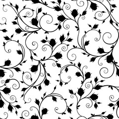 Wall Mural - floral seamless pattern with rose vines. black and white floral print. vector illustration