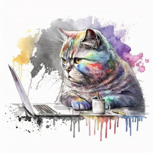 Illustration Of A Cat Working On A Laptop With A Cup Of Coffee, Watercolor, AI Generation