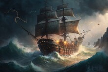 A Pirate Ship Sailing Through A Stormy Sea With Lightning