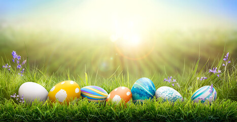 Wall Mural - A collection of painted easter eggs celebrating a Happy Easter on a spring day with green grass meadow background with copy space.