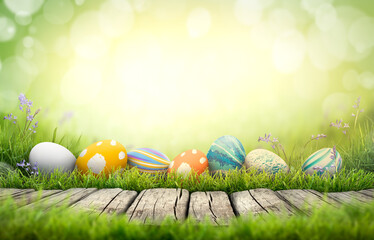 A collection of painted easter eggs celebrating a Happy Easter on a spring day with green grass meadow background with copy space and a rustic woodern bench to display products.