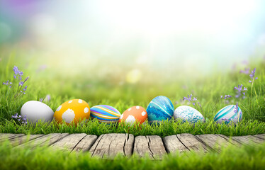 a collection of painted easter eggs celebrating a happy easter on a spring day with green grass mead