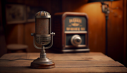 Retro microphone on stage in radio during a night show.