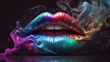 Female lips close up wearing colorful lipstick in multicolored smoke, sexy beautiful woman lips with exciting attractive fashion make up. Close up girl lips in colorful colors, generative AI