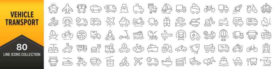 Aufkleber - Vehicle and transport line icons collection. Big UI icon set in a flat design. Thin outline icons pack. Vector illustration EPS10