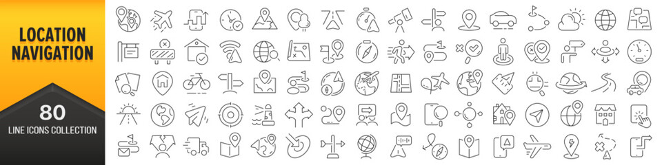 location and navigation line icons collection. big ui icon set in a flat design. thin outline icons 