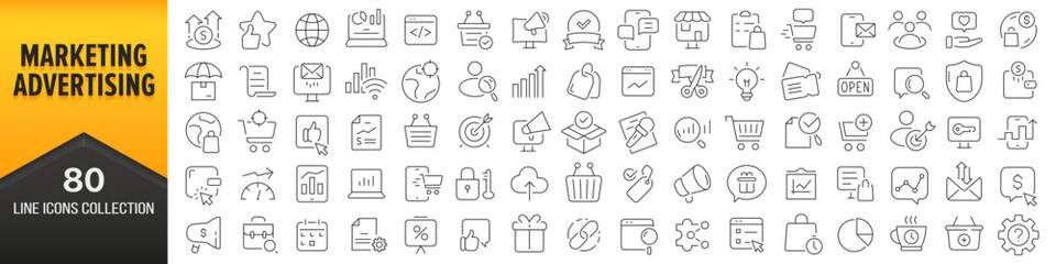Sticker - Marketing and advertising line icons collection. Big UI icon set in a flat design. Thin outline icons pack. Vector illustration EPS10